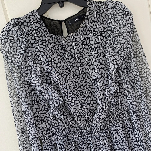 MNG by Mango, Shimmer Ruffled Long Sleeve Abstract Mini Dress, Black, White - Picture 4 of 11